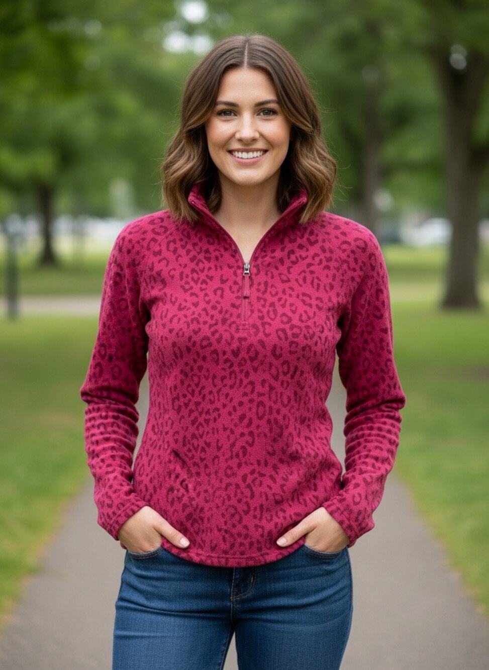 Eddie Bauer magenta fuzzy quarter‑zip pullover